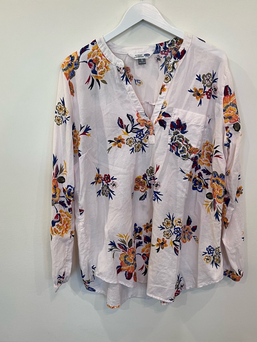 Old Navy Floral The Tunic Shirt Womens Xl Long Sleeve Cotton V Neck White Pocket